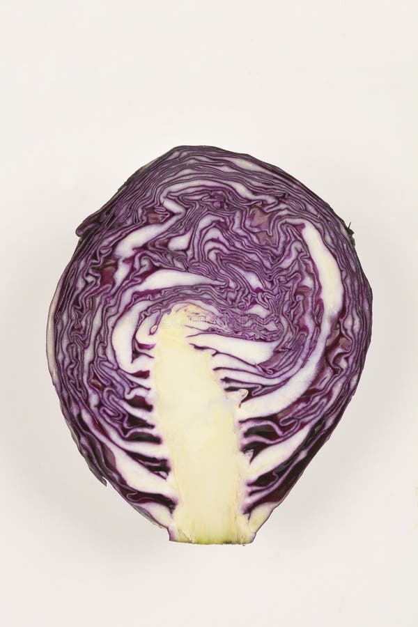 A cross section view of a halved red cabbage showcasing its vibrant purple and white layers and intricate patterns halved red imagens de stock royalty free