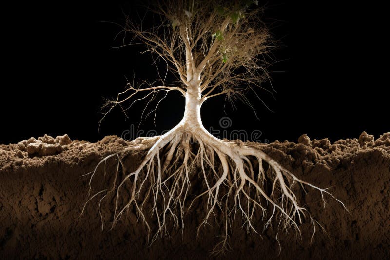 Cross-section view of tree roots in soil stock images
