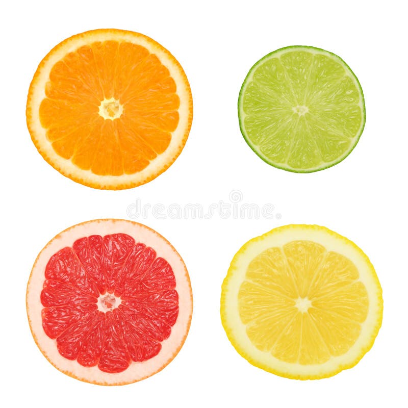 Cross Sections of Different Citrus Fruits (isolated) Stock Photo