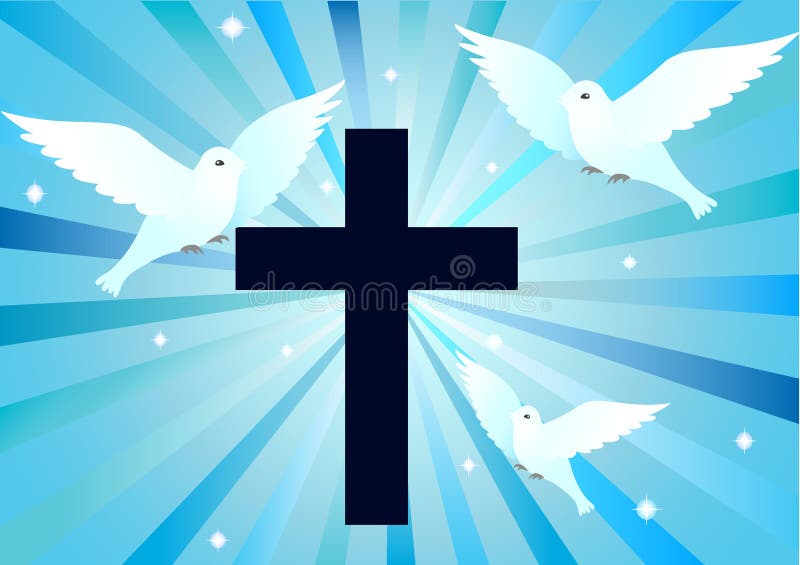 Cross silhouette with doves on blue background