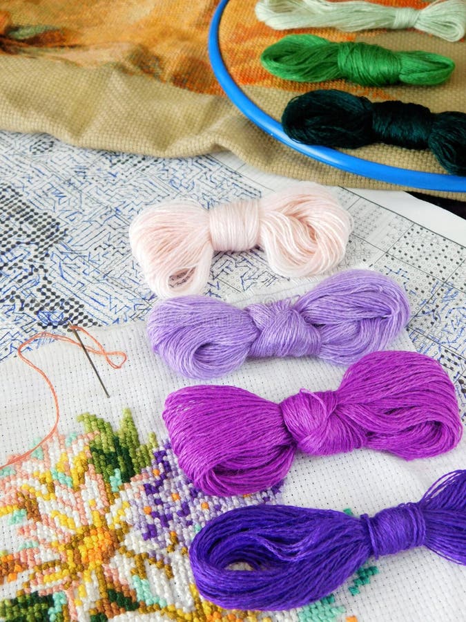 Crossstitching Process and Threads Stock Image Image of accessories