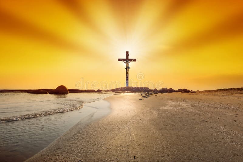 The Cross at Sunset on the Beach Background. Stock Photo - Image of