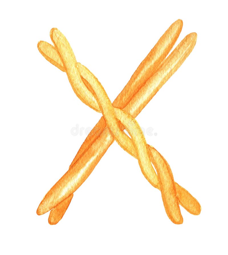 Crossed bread baguette as the letter `X`. Watercolor. royalty free illustration Crossed bread baguette as the letter `X`. Watercolor. royalty free illustration