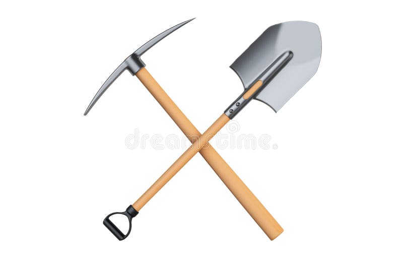 Crossed pickaxe and spade, 3D rendering. 