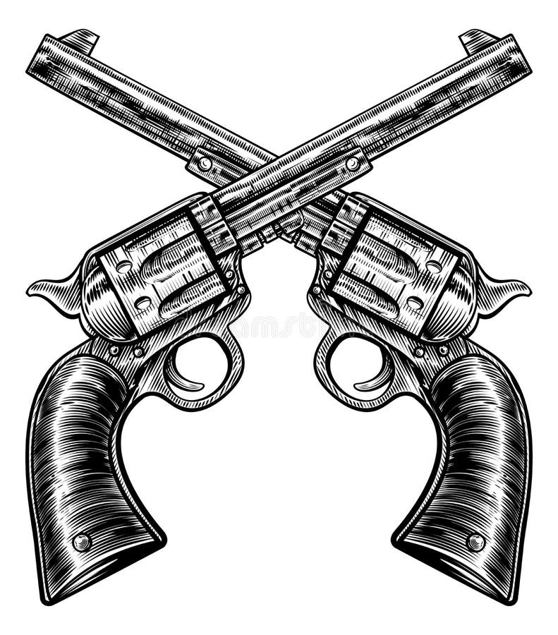 crossed pistol gun revolvers vintage woodcut style stock crossed pistol gun revolvers vintage woodcut style stock