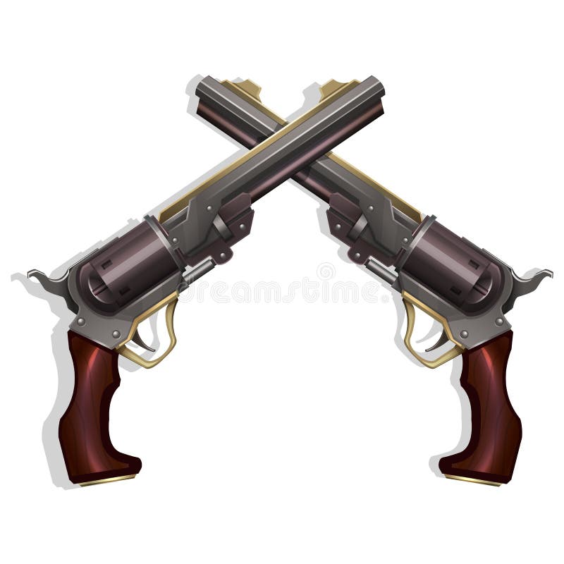 Crossed Wild West revolvers isolated on white background.