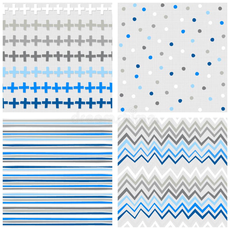 Crosses dots stripes and chevron blue seamless pattern set royalty free illustration