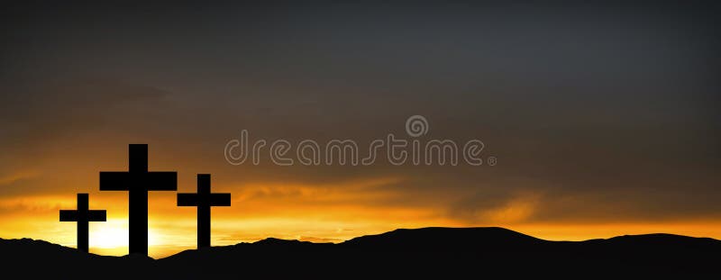 Crosses on the hill over sunset background.Religious concept of