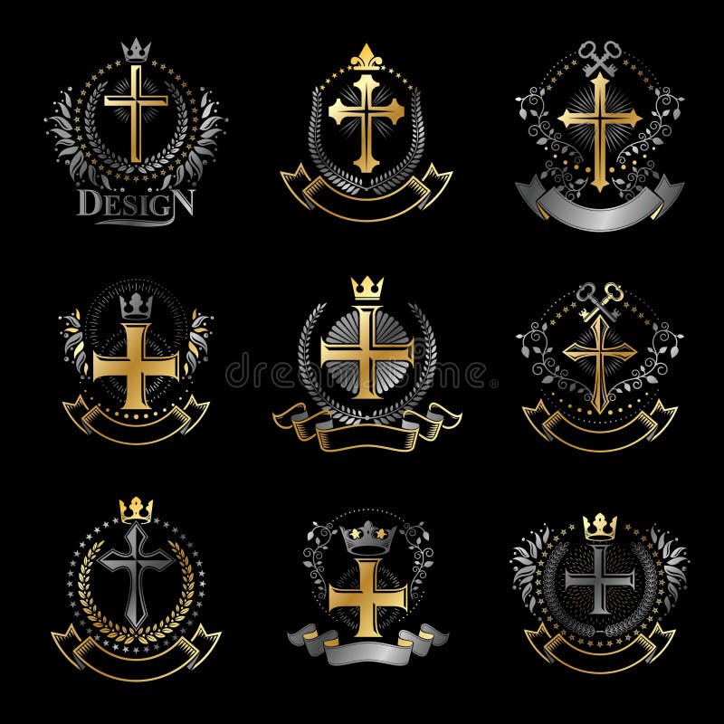 Crosses Religious Emblems Set. Heraldic Coat of Arms, Vintage Vector