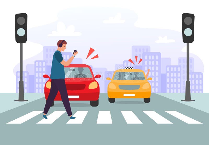 Free Vector  Pedestrian crossing crosswalk on road at green traffic light.  man walking on zebra, holding mobile phone flat vector illustration. safety  on street, accident, compliance with traffic rules concept