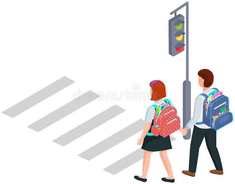 Children with traffic light and caution sign, road safety rules. Cartoon  school kid crossing street crosswalk. Pavement education vector set Stock  Vector Image & Art - Alamy