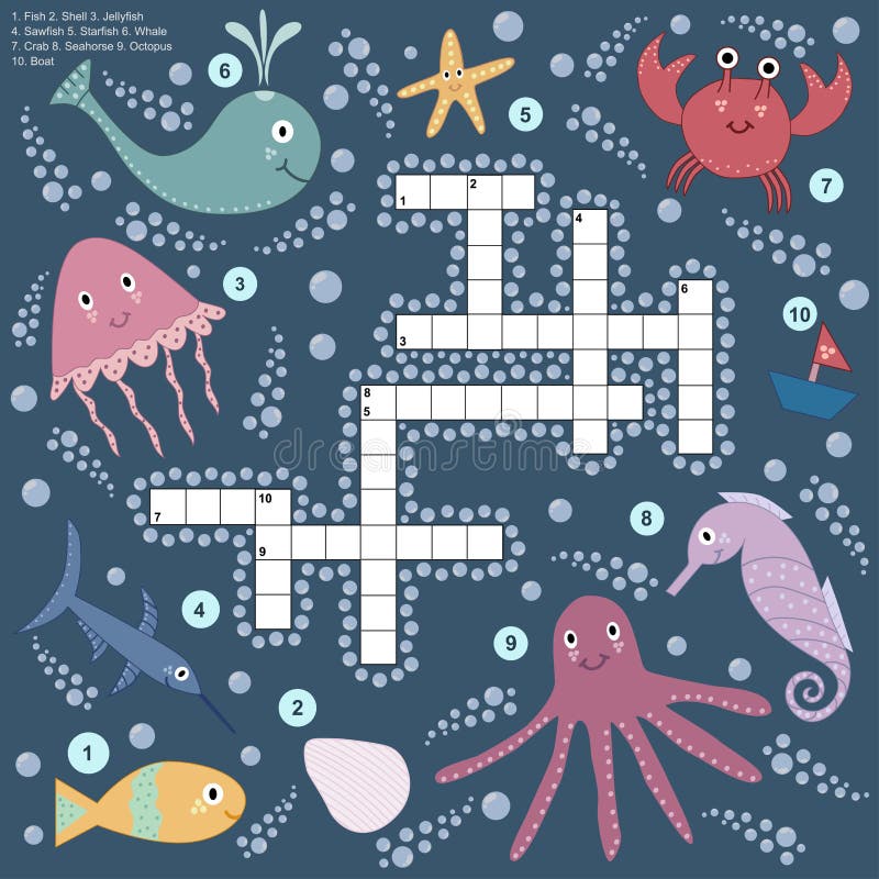Crossword for Children about Sea Life Stock Vector Illustration of