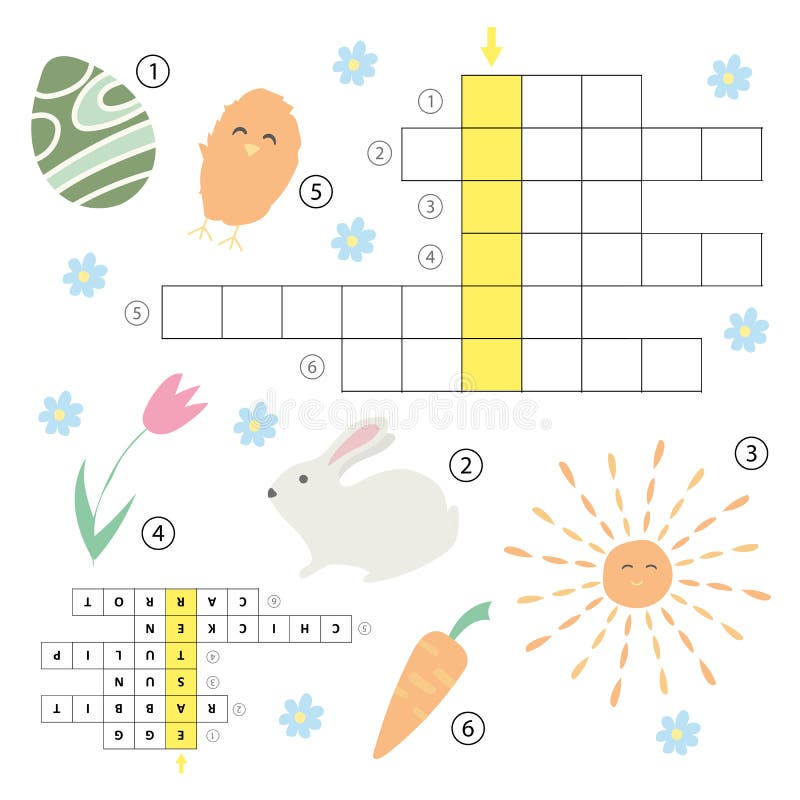 Crossword educational children game with answer. Learning Easter theme puzzle