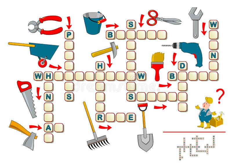 Crossword puzzle game for kids with working tools. Educational page for children to study English language and words. Printable