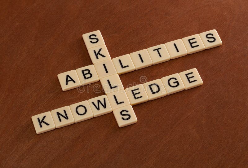 Crossword puzzle with words Skills, abilities, knowledge. Learning concept. Ivory tiles with capital letters on mahogany board.