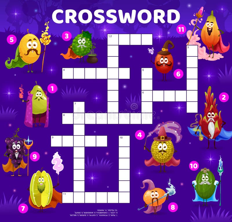 Crossword quiz with cartoon fruit wizard character royalty free illustration