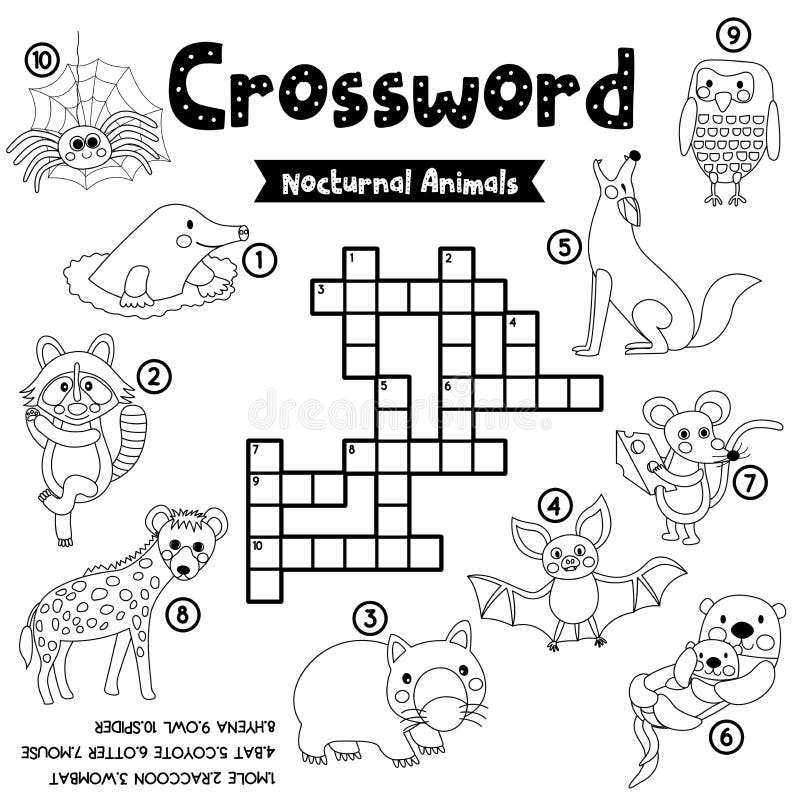 Crossword Puzzle Nocturnal Animals Coloring Version Stock Vector -  Illustration of printable, game: 190626853