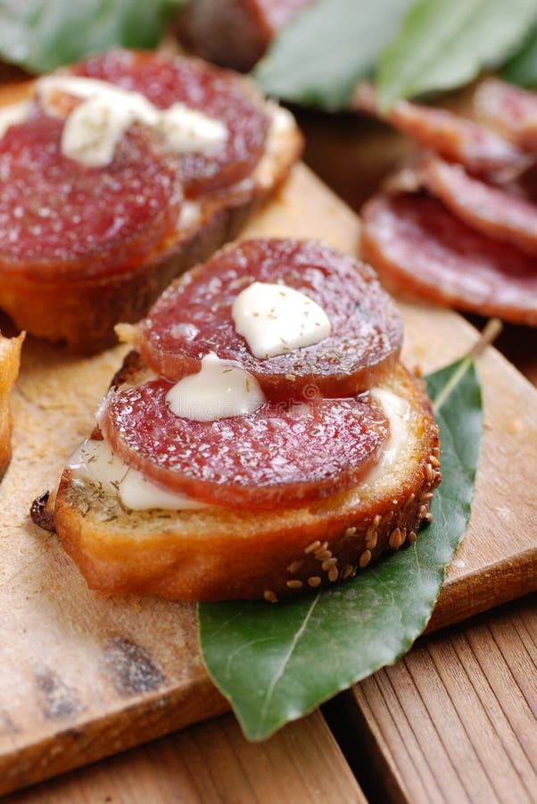 Crostini with salami stock image. Image of salami, bread 33064291