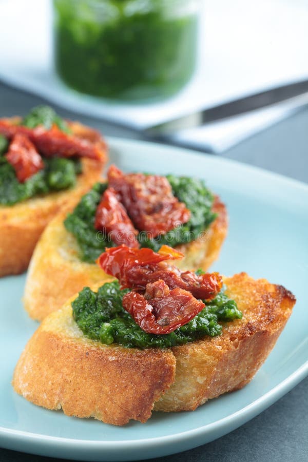Crostini with Sundried Tomatoes Stock Image Image of pesto, macro