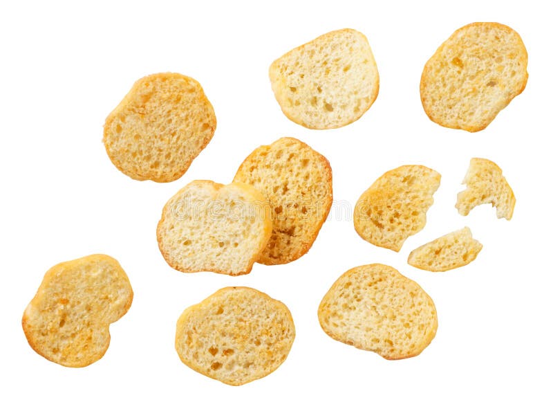 Croutons Falling on a White Background, Levitating Bread Croutons
