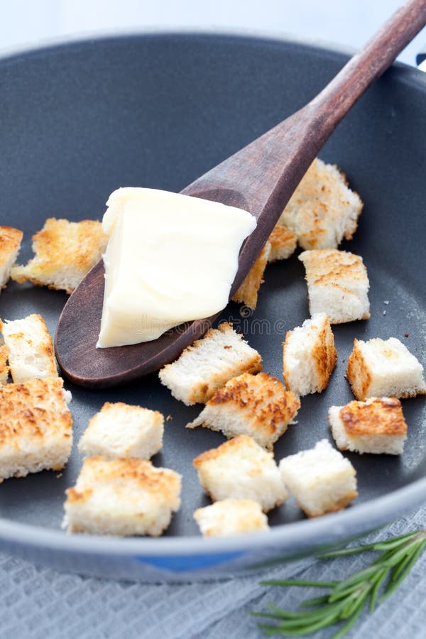 Croutons in a pan stock photo. Image of ingredient, toast 19734830