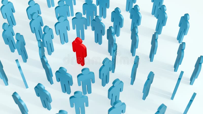 A crowd of abstract human figures and red figure in the center of the crowd vector illustration