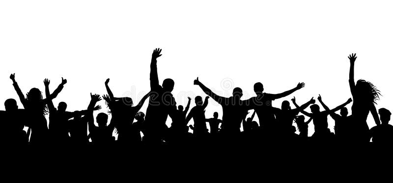 Crowd cheerful people silhouette. Happy group of young people dancing at musical party, concert, disco. Joyful mob.