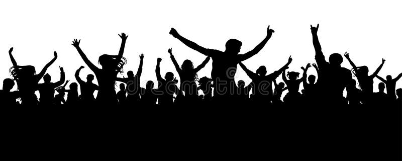 Crowd cheerful people silhouette. Joyful mob. Happy group of young people dancing at musical party, concert, disco.