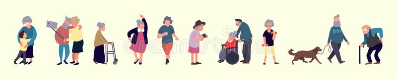 Crowd of elderly people. Senior outdoor activities. Old men and women walking. Recreation and leisure senior activities.