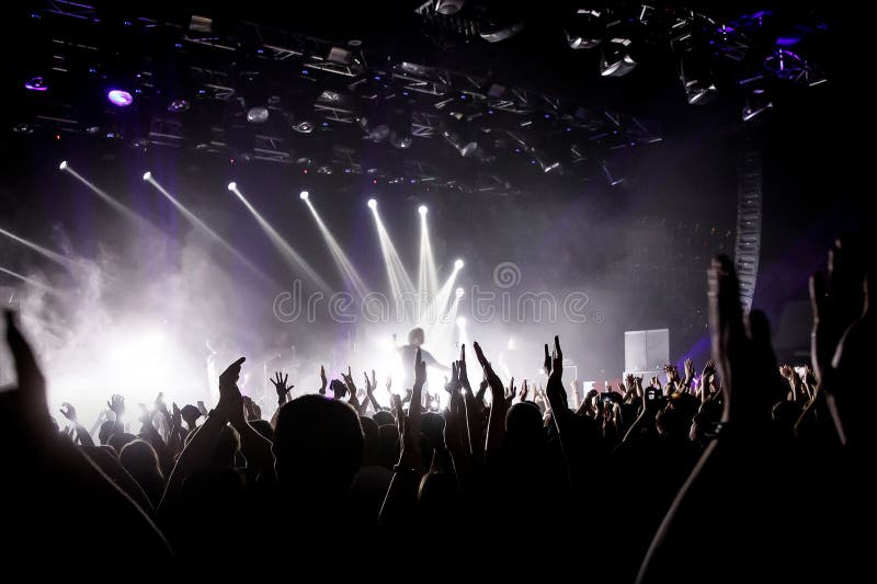 Crowd on Music Show, Happy People with Raised Hands. White Stage Light ...