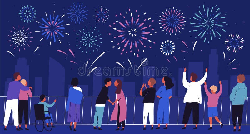 Crowd of people admiring celebratory fireworks at night cityscape vector flat illustration. Citizens of megapolis