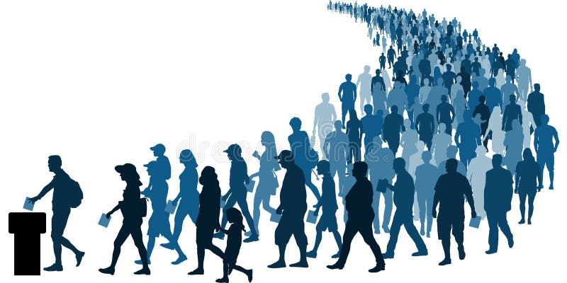 Crowd of people go to the polls to vote. Referendum Silhouette Vector. Go to option vectors