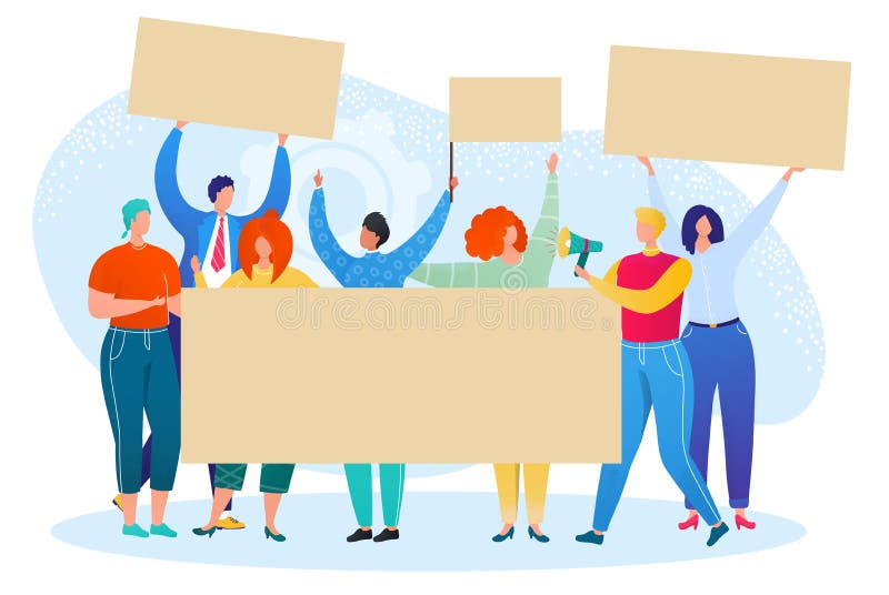 Crowd people group protest with banner, activist demonstration vector illustration. Man woman character hold placard at royalty free illustration