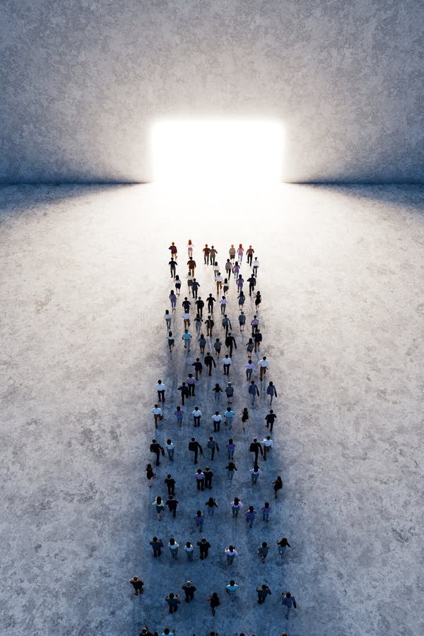 Crowd of people walking towards bright light gate in large space royalty free illustration