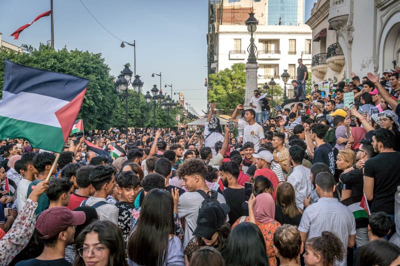 The crowd of protesters at the pro-Palestine rally with Palestinian flags and at Tunis downtown followed by the hospital blast in Gaza. The crowd of protesters at the pro-Palestine rally with Palestinian flags and at Tunis downtown followed by the hospital blast in Gaza.