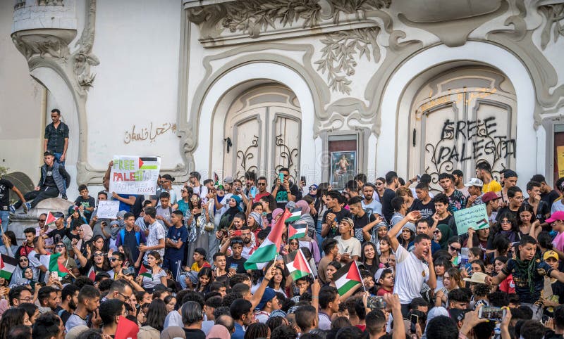 The crowd of protesters at the pro-Palestine rally with Palestinian flags and words Free Palestine on the wall at Tunis downtown after the hospital blast in Gaza. The crowd of protesters at the pro-Palestine rally with Palestinian flags and words Free Palestine on the wall at Tunis downtown after the hospital blast in Gaza.