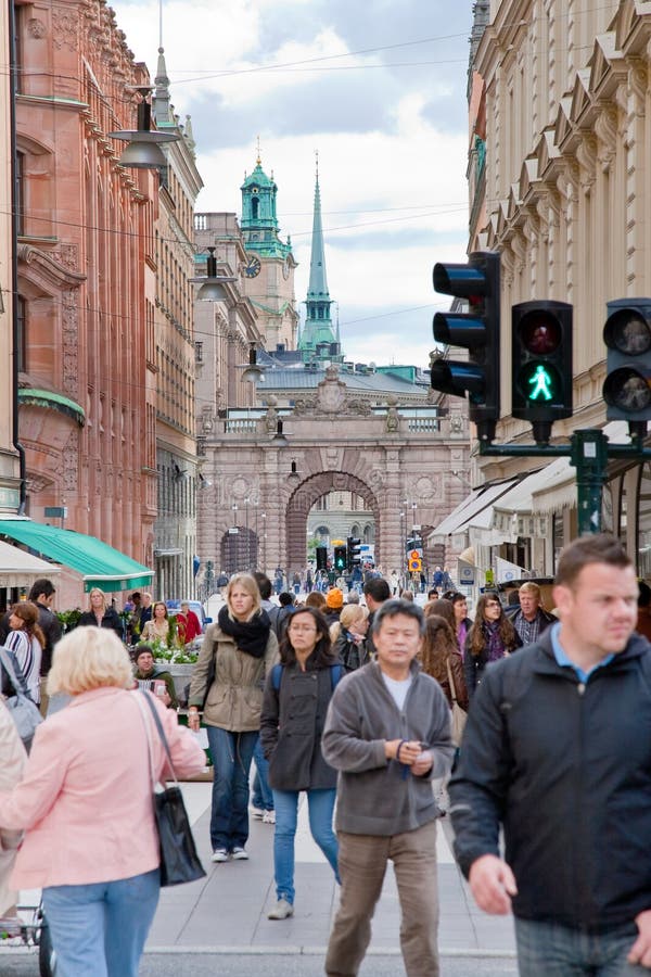 Crowd of tourist on street in Stockholm