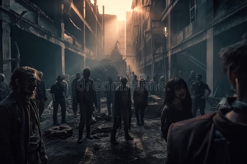 Zombie horde. Zombie apocalypse scene. Generative ai Stock Illustration