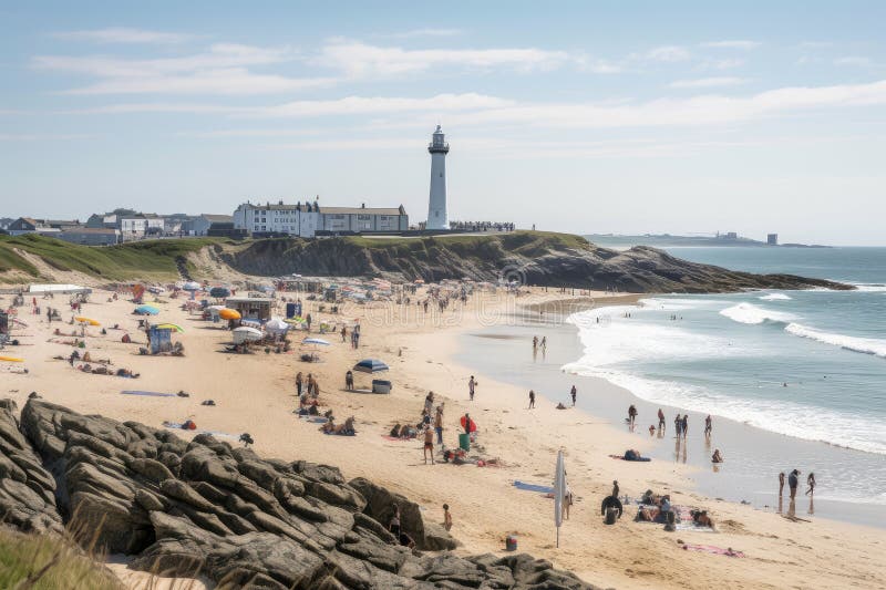 Crowded Beach, with View of Lighthouse