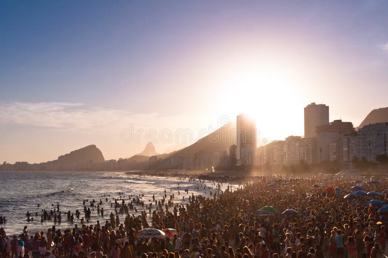 Crowded Copacabana Beach by Sunset in Rio de Janeiro, Brazil