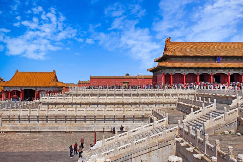 Crowds in front of an internal red gate with orange roofs of the Palace Museum, known as the Forbidden City, in Beijing