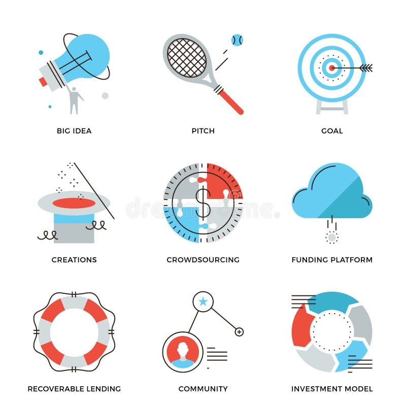 Crowdsourcing and funding line icons set royalty free illustration Crowdsourcing and funding line icons set royalty free illustration