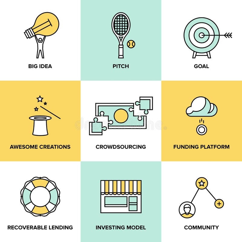 Crowdsourcing and funding money flat icons