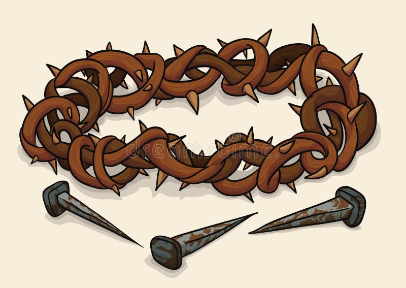 Crown of Thorns and Nails for Good Friday, Vector Illustration. Crown of thorns and three rusty nails, symbols of crucifixion of Jesus in Good Friday stock illustration
