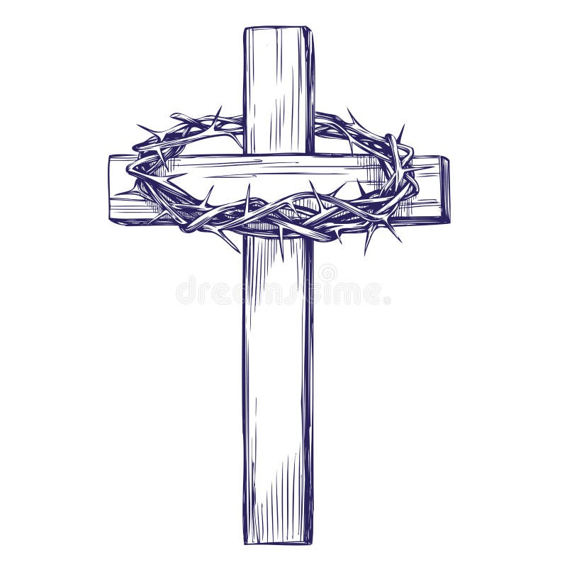 Crown of thorns, wooden cross. Easter . symbol of Christianity hand drawn vector illustration sketch.