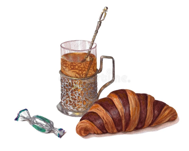 Cruasán, caramelo en envolturas de caramelo, tenedor de cristal viejo hermoso con un vidrio de té, dibujado a mano ilustración del vector Cruasán, caramelo en envolturas de caramelo, tenedor de cristal viejo hermoso con un vidrio de té, dibujado a mano ilustración del vector