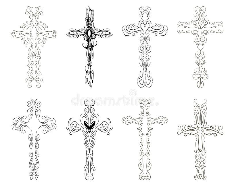 Conjunto de cruces artísticas en negro, religión, fantasía, aislado stock de ilustración