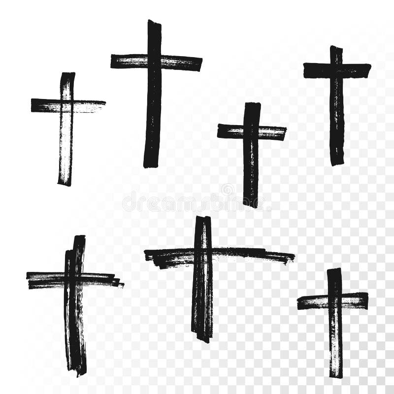 Crucifix cross hand drawn paint brush vector icon. Christianity orthodox or catholic religion isolated symbols set for Easter, funeral or grave memorial