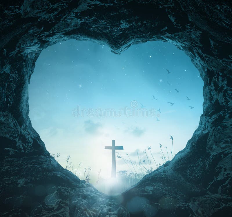 Crucifixion of Good Friday concept. Heart shape of empty tomb stone with silhouette cross over meadow night background