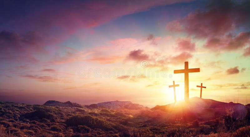 Crucifixion Of Jesus Christ Three Crosses On Hill. At Sunset royalty free stock photography